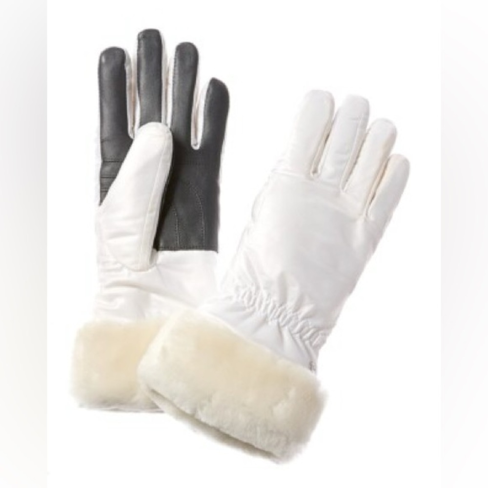UGG WOMENS ALL WEATHER GLOVES WHITE SIZE L/XL SHEARLING FUR TRIMMED NWOT